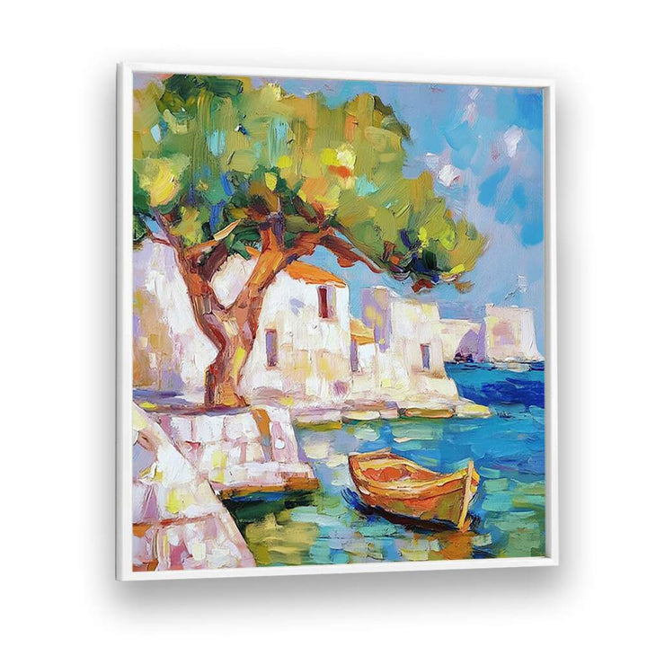 Colorful coastal scene featuring the BOAT BY THE SEA, perfect for enhancing your home or garden decor.
