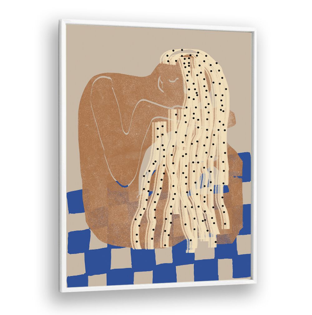 Captivating MOODY GIRL, PORTRAITS artwork featuring a serene figure with flowing hair, perfect for modern decor.