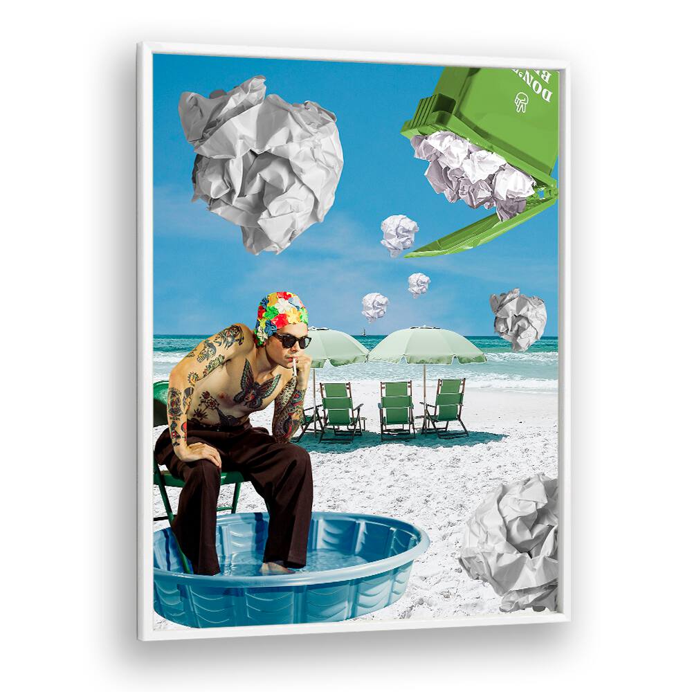 Surreal art print titled "PAPER BEACH," blending beach vibes with whimsical elements for unique decor.