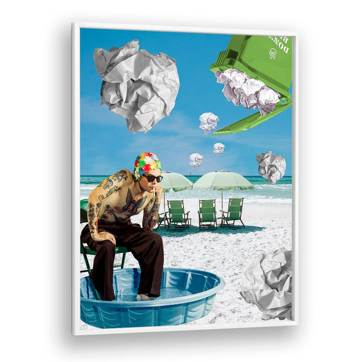 Surreal art print titled "PAPER BEACH," blending beach vibes with whimsical elements for unique decor.