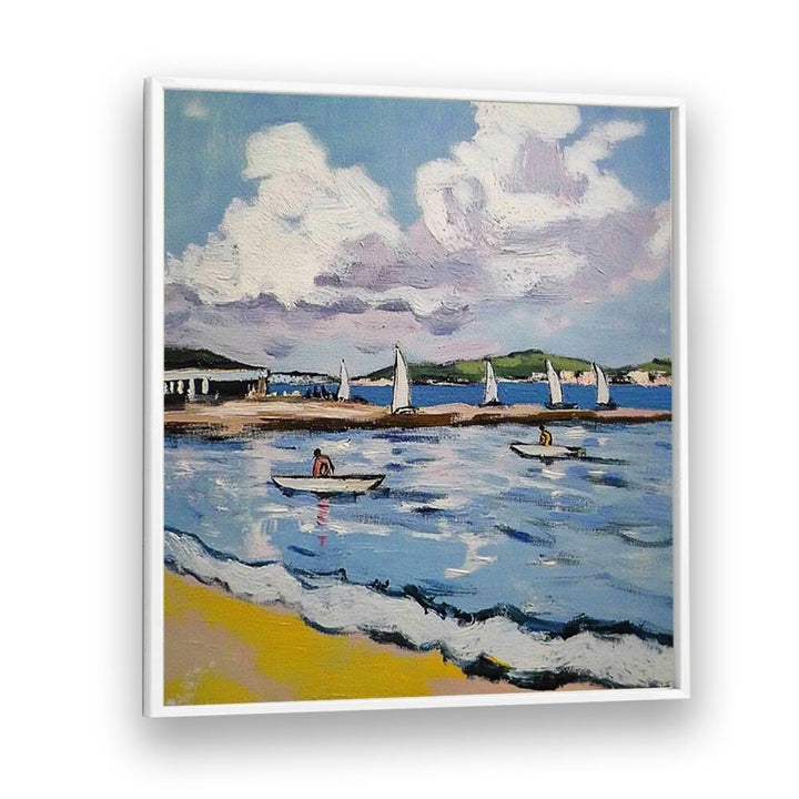 Serene SAILBOATS ON THE BEACH artwork showcasing tranquil seas and sailboats, perfect for coastal decor.