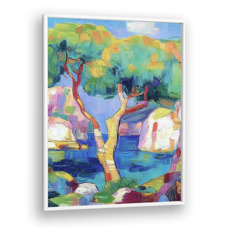 Colorful landscape painting inspired by the beauty of MALLORCA SPAIN, showcasing vibrant trees and tranquil waters.