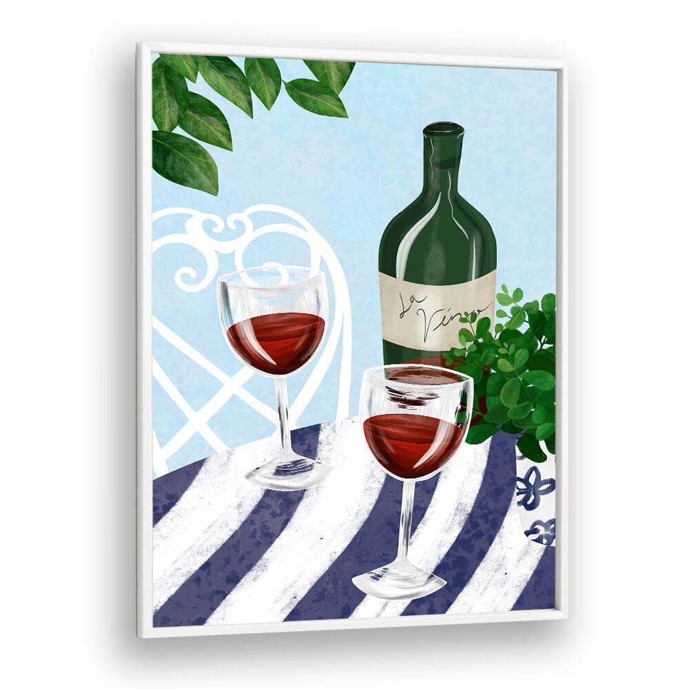 Enjoy RED WINE UNDER THE TREE, BAR & CAFE ART featuring wine glasses and a bottle on a stylish table setting.