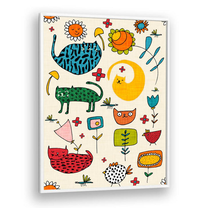 Bright and playful SPRING CAT BIEGE, KIDS ROOM PAINTINGS featuring colorful cats and flowers, perfect for children's decor.