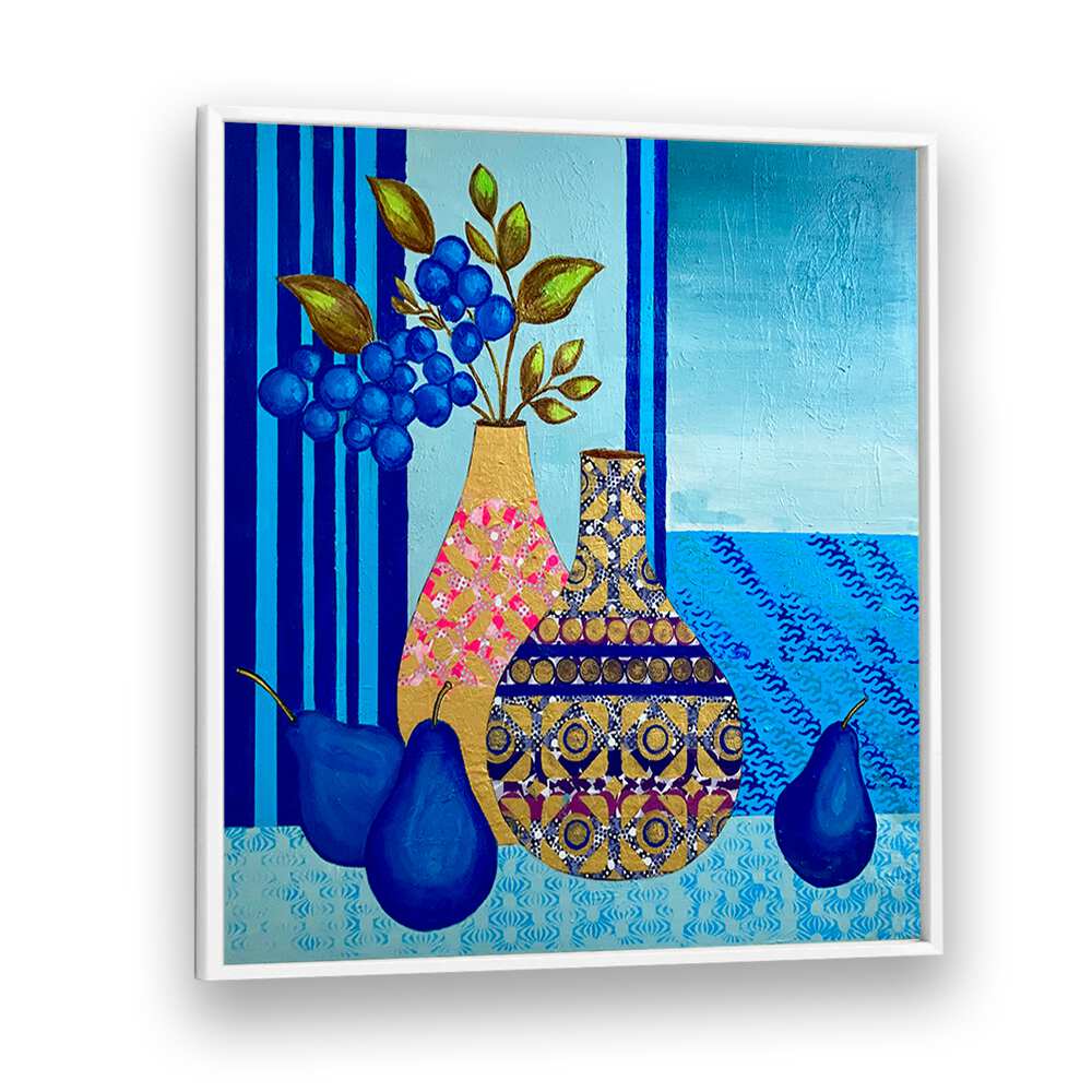 Bright and elegant BLUE MORNING, KITCHEN POSTERS featuring vibrant vases and fruits, perfect for home décor.