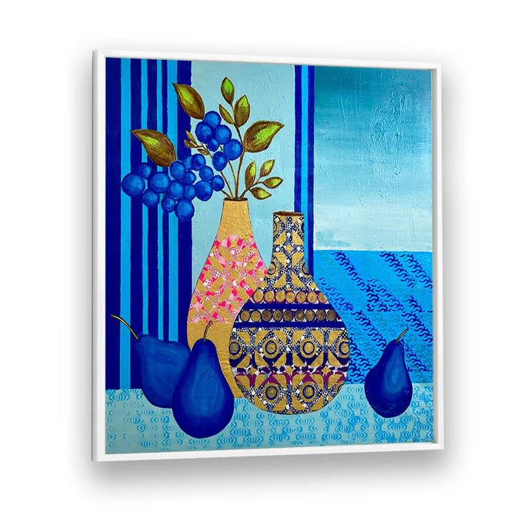Bright and elegant BLUE MORNING, KITCHEN POSTERS featuring vibrant vases and fruits, perfect for home décor.