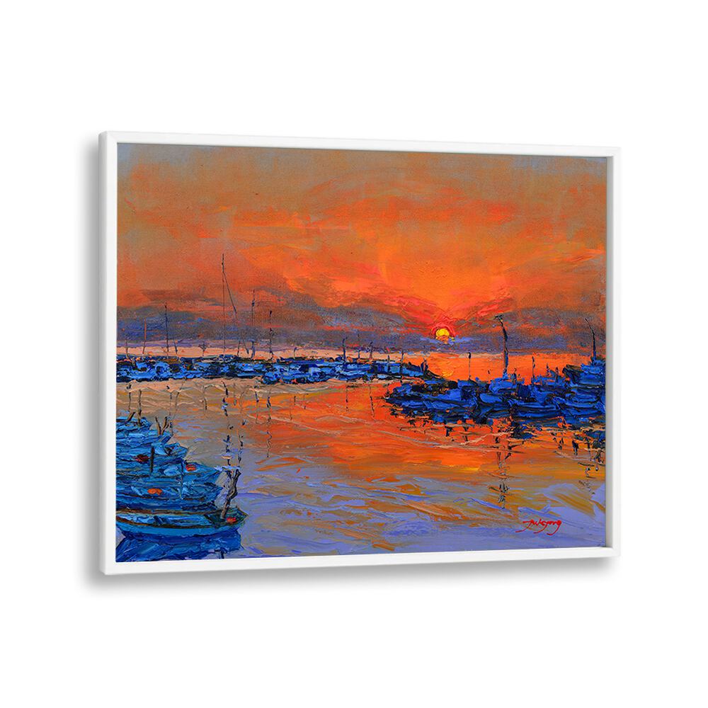 Vibrant SUNRISE, LANDSCAPE PAINTINGS featuring a serene harbor scene with colorful reflections on water.