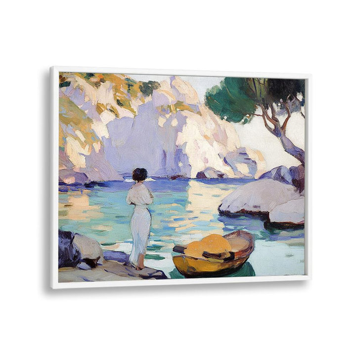Serene artwork showcasing a WOMAN IN A BOAT, capturing tranquility and elegance in vibrant colors. Perfect for any space.