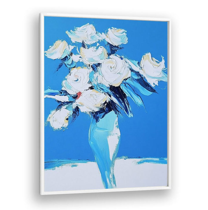 Elegant WHITE ROSES IN A BLUE VASE, a stunning centerpiece to enhance your home decor and add charm to any room.
