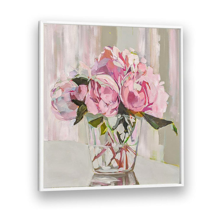 Vibrant PEONIES, FLORAL FLOWER PAINTINGS in a glass vase, perfect for elevating your home decor.