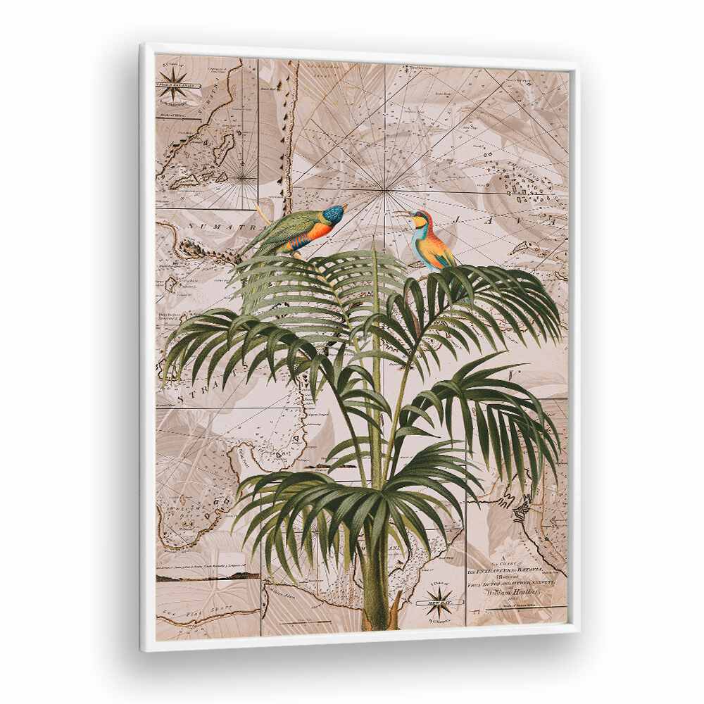 Vibrant "Indonesia Jungle III, Animal Paintings" artwork features colorful parrots among lush greenery, by Andrea Haase.