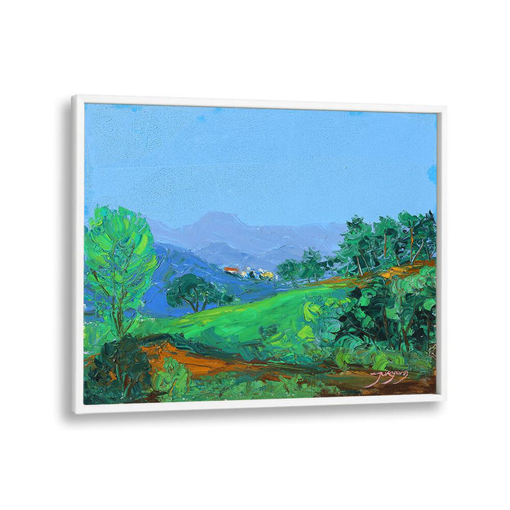 Vibrant GREEN HILLSIDE, LANDSCAPE PAINTINGS showcasing lush greenery and serene blue skies for your home decor.