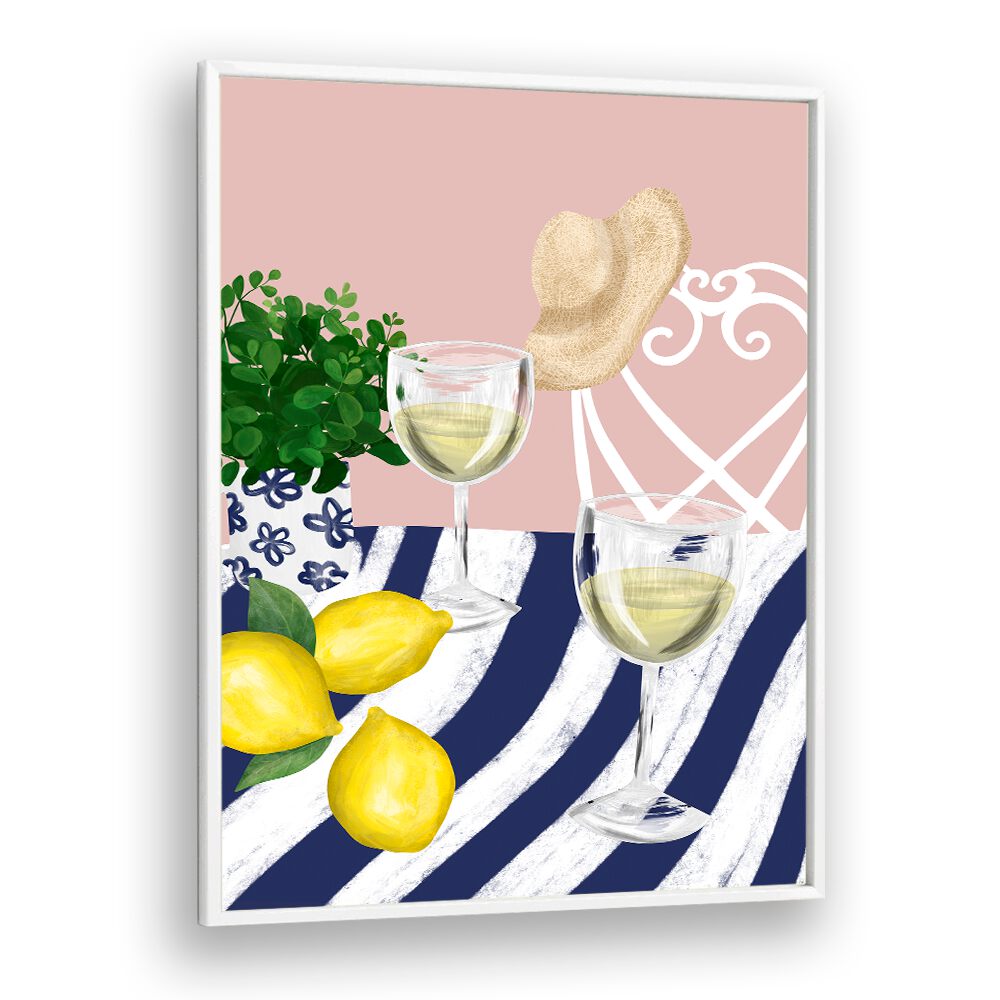 Enjoy the vibrant WHITE WINE FOR TWO, BAR & CAFE ART featuring glasses, lemons, and a stylish setting.