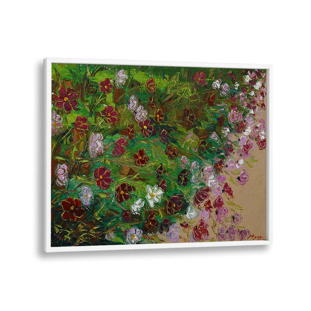 Vibrant COSMOS CANVAS, FLORAL FLOWER PAINTINGS showcasing colorful flowers with rich green foliage, perfect for decor.