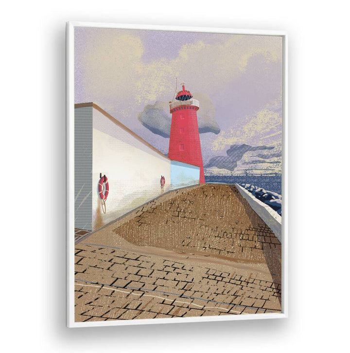 Vibrant POOLBEG LIGHTHOUSE, BEACH PAINTINGS showcasing the iconic red lighthouse by the sea, perfect for any decor.