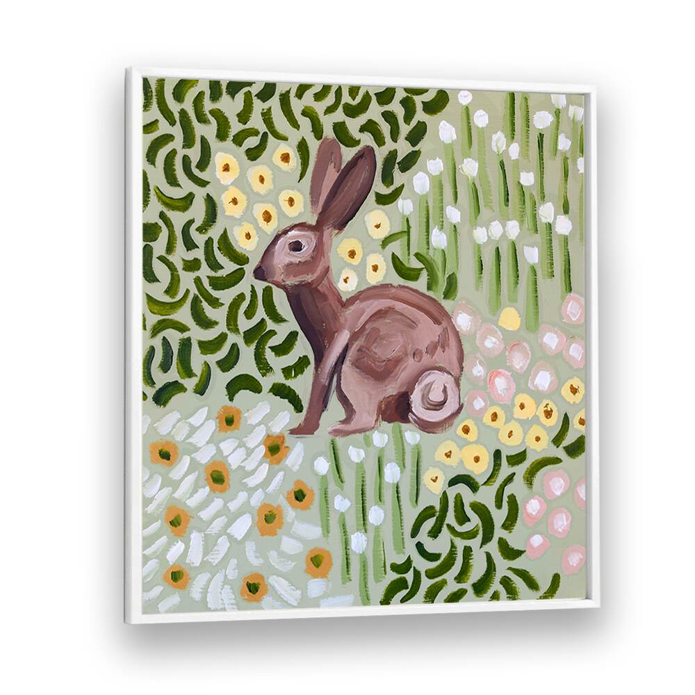 Vibrant COZY CORNER, ANIMAL PAINTINGS featuring a charming rabbit amidst colorful textures, perfect for home decor.