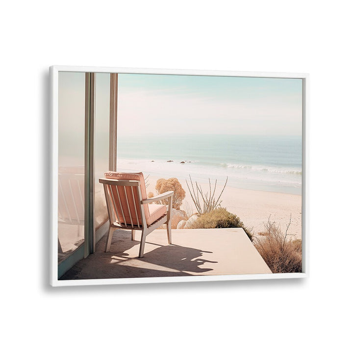 Tranquil scene featuring a beach chair overlooking serene waves, perfect for ALONE IN THE OCEAN, BEACH PAINTINGS.