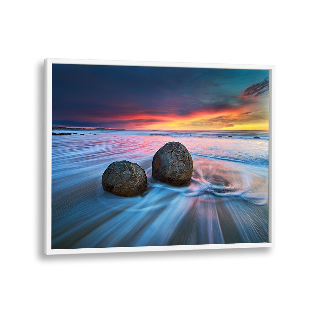Stunning Moeraki Boulders, Photography Prints showcasing serene New Zealand landscapes in vibrant colors.