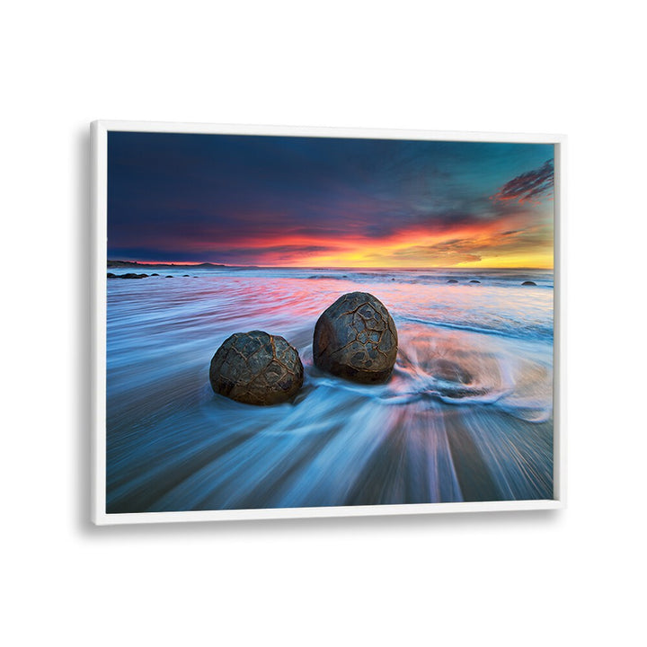 Stunning Moeraki Boulders, Photography Prints showcasing serene New Zealand landscapes in vibrant colors.