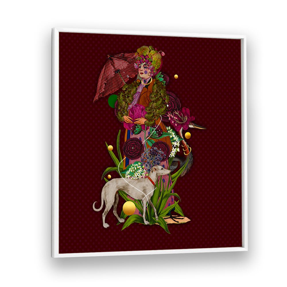 Vibrant ENCHANTED FOREST IV, PORTRAITS artwork featuring a whimsical figure and a greyhound, perfect for home decor.