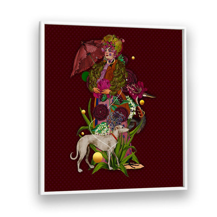 Vibrant ENCHANTED FOREST IV, PORTRAITS artwork featuring a whimsical figure and a greyhound, perfect for home decor.