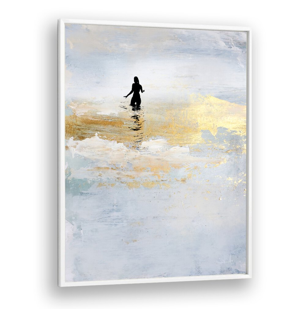 Elegant silhouette in water reflecting hues of gold and blue, showcasing the vibrant energy of SUN DIP, ABSTRACT PAINTINGS.