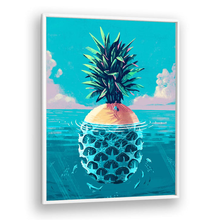 Vibrant beach paintings depicting the whimsical STRANDED ON PINEAPPLE ISLAND, perfect for tropical decor.