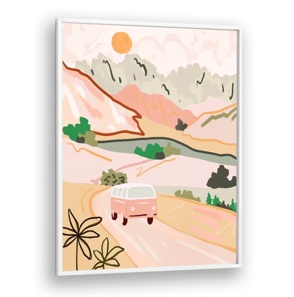 Vibrant PASTEL JOURNEY, LANDSCAPE PAINTINGS showcasing serene landscapes and a vintage van on a tranquil road.