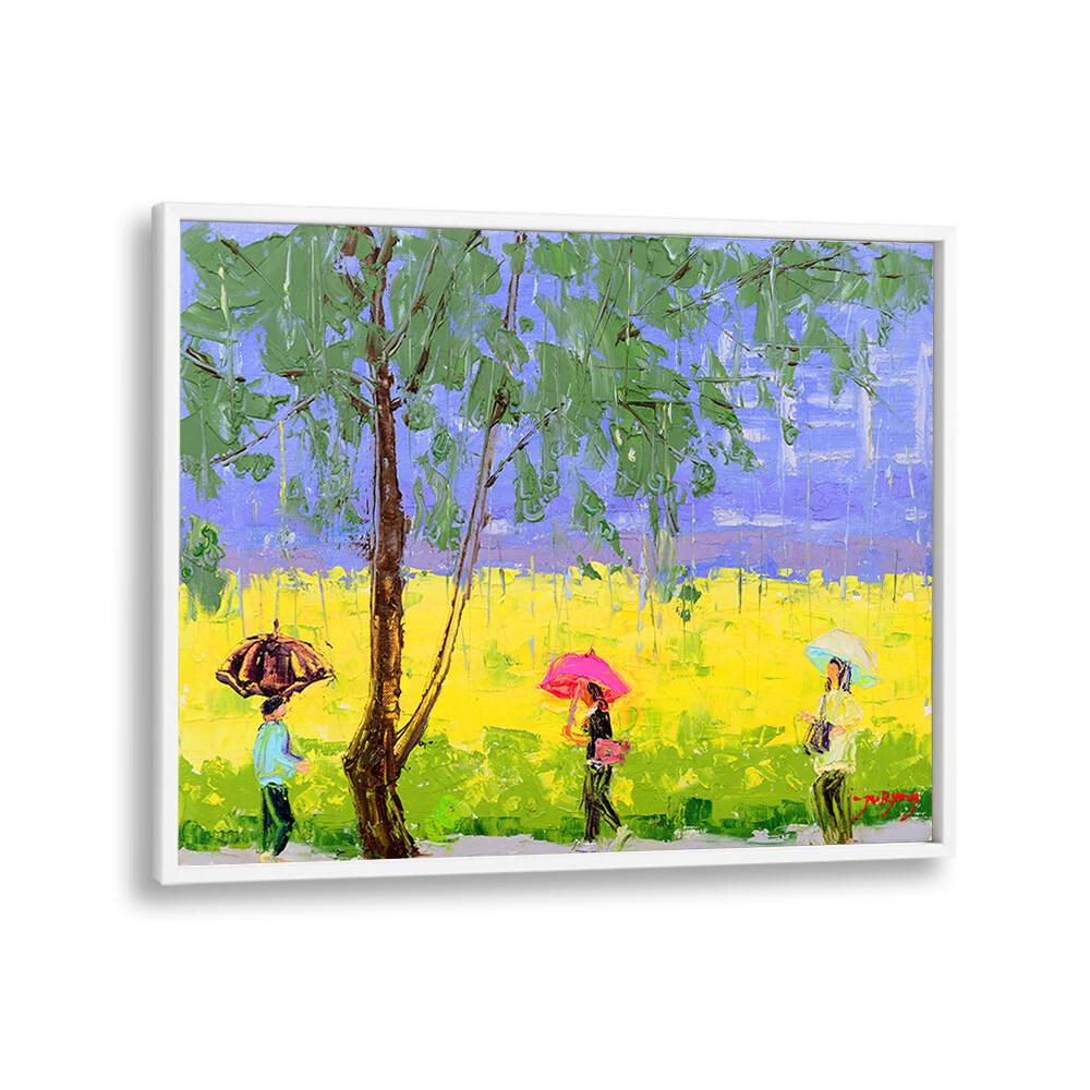 Colorful RAPE FLOWER RAINY DAY, INDIAN ART PAINTINGS capturing vibrant umbrellas under a lush landscape. Perfect for decor!