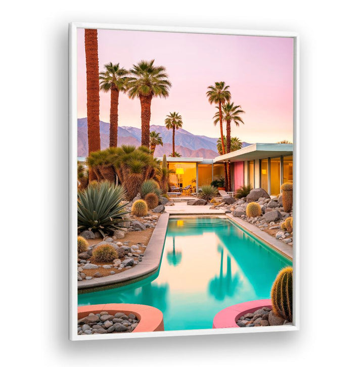 Stunning MID-CENTURY MAGIC, BEACH PAINTINGS capture a serene poolside oasis with vibrant desert landscapes.