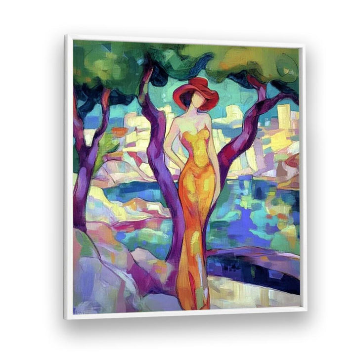 Elegant WOMAN IN YELLOW dress displayed against a vibrant backdrop, embodying modern sophistication and charm.