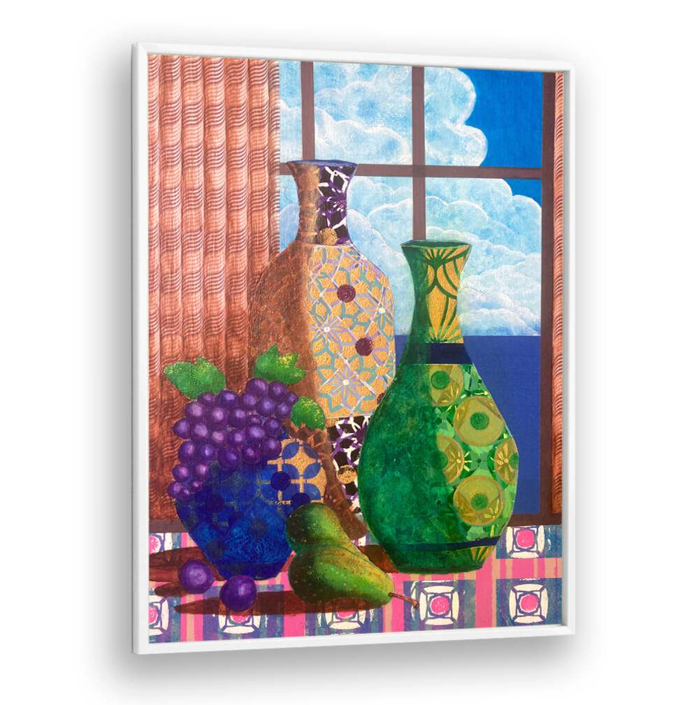 Colorful still life with vases and grapes, perfect for enhancing your space with QUIETUDE AT DAWN, KITCHEN POSTERS.