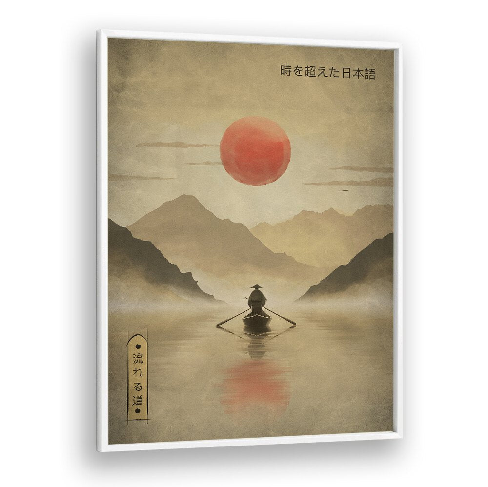Serene RIVER OF SOLITUDE, JAPANESE PAINTINGS captures tranquility with a sunset over calm waters and mountains.