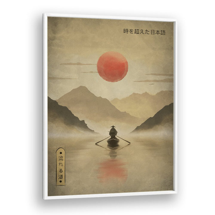 Serene RIVER OF SOLITUDE, JAPANESE PAINTINGS captures tranquility with a sunset over calm waters and mountains.