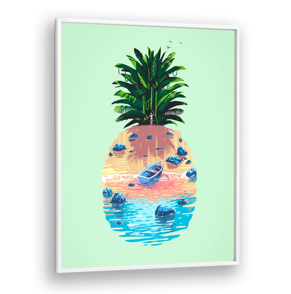 Vibrant PINEAPPLE ISLAND, BEACH PAINTINGS showcasing a tropical scene with a boat and lush greenery. Perfect for decor!
