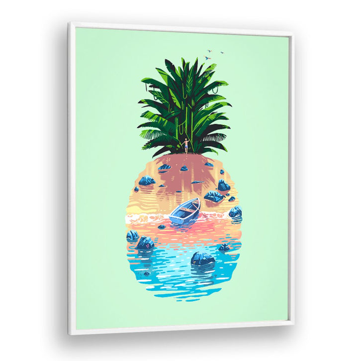Vibrant PINEAPPLE ISLAND, BEACH PAINTINGS showcasing a tropical scene with a boat and lush greenery. Perfect for decor!