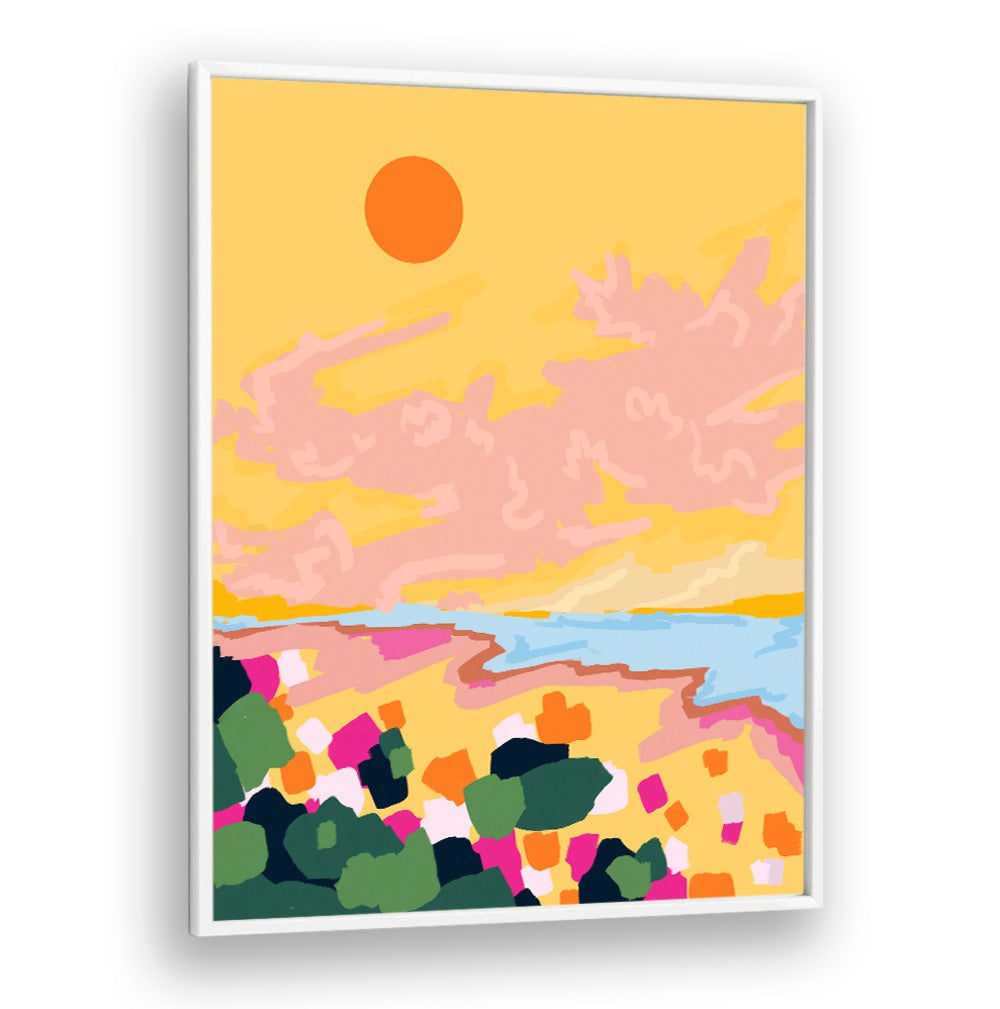 Colorful SUN EMBRACE, LANDSCAPE PAINTINGS featuring a vibrant sunset and lush landscape, perfect for brightening any space.