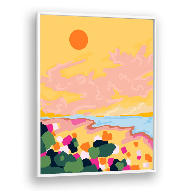 Colorful SUN EMBRACE, LANDSCAPE PAINTINGS featuring a vibrant sunset and lush landscape, perfect for brightening any space.