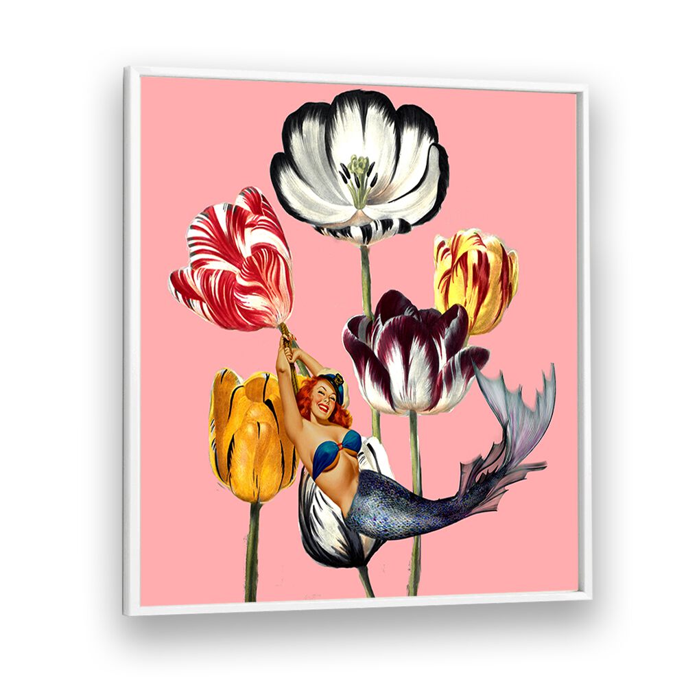 Vibrant MERMAID ON EARTH, PORTRAITS artwork features a mermaid among colorful flowers, adding enchantment to any space.
