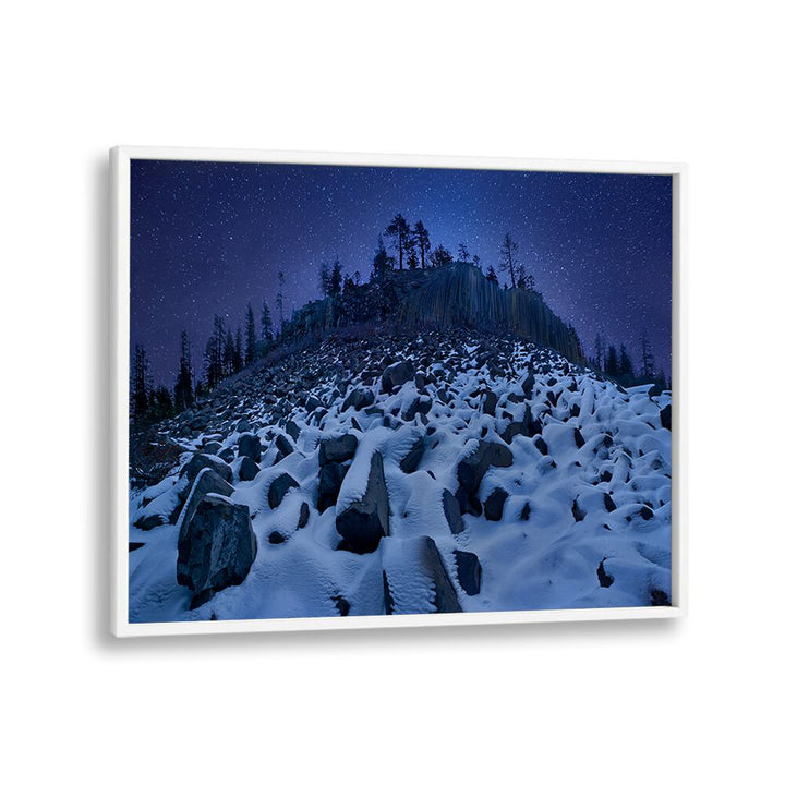 COLD MOUNTAIN DEVILS POSTPILE, PHOTOGRAPHY PRINTS showcase stunning snowy landscapes under a starry night sky.