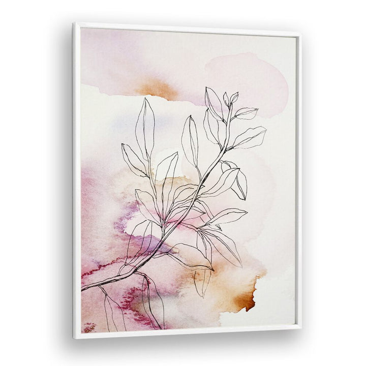 Delicate line art of leaves with soft watercolor hues in WHISPER PETALS III, FLORAL FLOWER PAINTINGS for elegant decor.