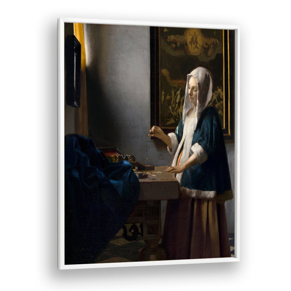 WOMAN HOLDING A BALANCE (CA. 1664)  BY JOHANNES VERMEER, VINTAGE PAINTINGS