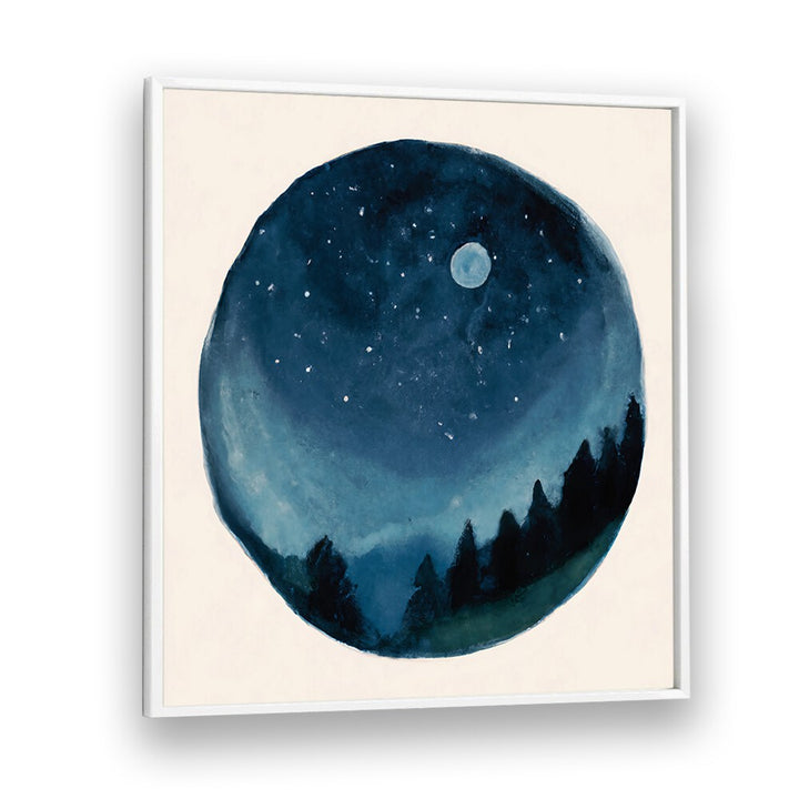 AROUND THE WORLD , KIDS ROOM PAINTINGS featuring a night sky with moon and trees, perfect for a child’s room decor.