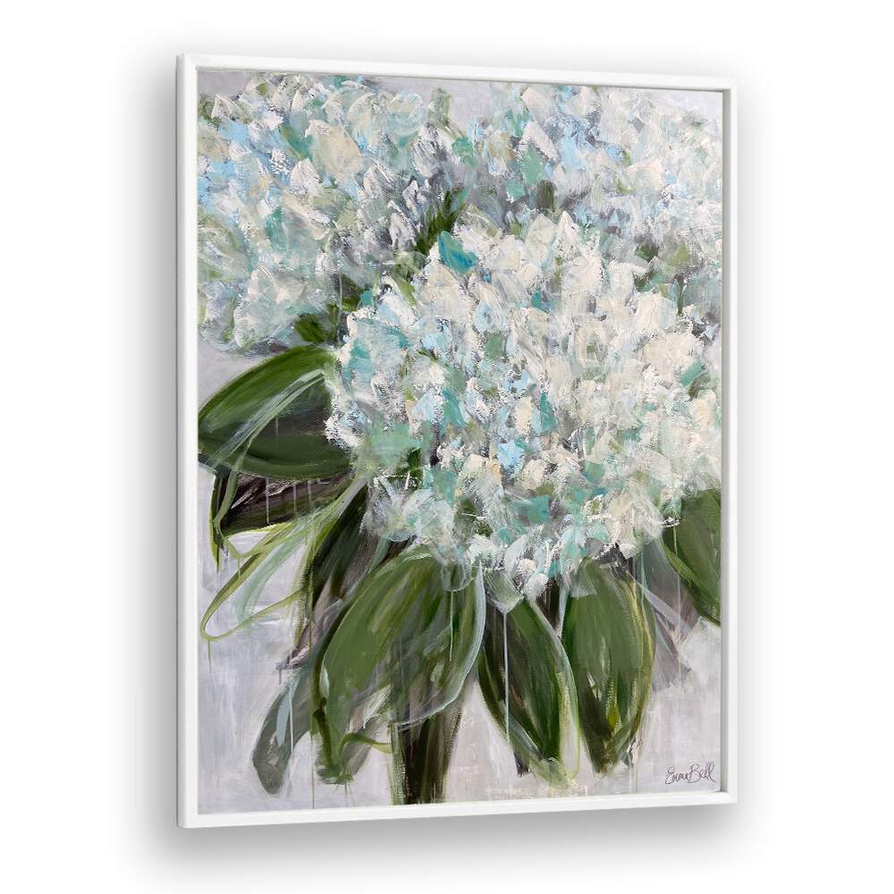 Bright and serene, this artwork features DELICATE WHITE AND BLUE HYDRANGEAS, FLORAL FLOWER PAINTINGS for your home.
