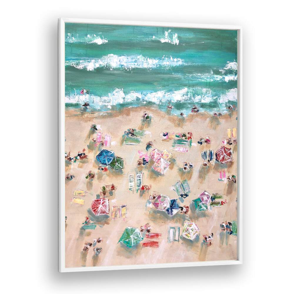 Vibrant SUNBATHERS, BEACH PAINTINGS showcasing colorful umbrellas and sunbathers on a sandy shore, perfect for summer vibes.