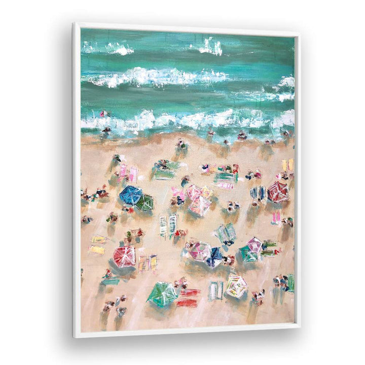 Vibrant SUNBATHERS, BEACH PAINTINGS showcasing colorful umbrellas and sunbathers on a sandy shore, perfect for summer vibes.