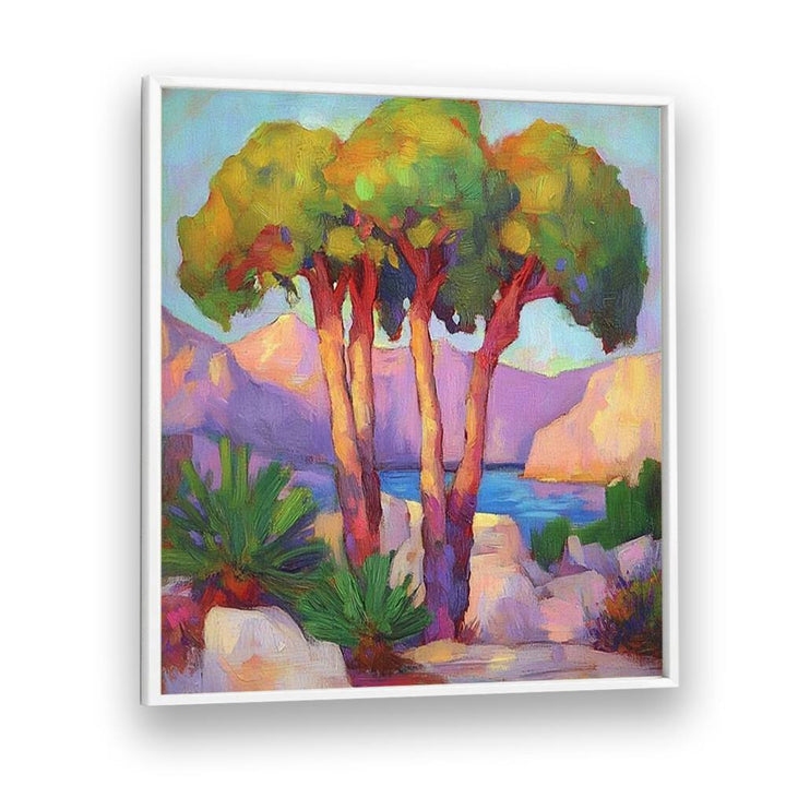 Three Trees by the Sea artwork showcases serene coastal beauty, perfect for nature lovers' spaces.