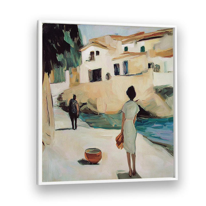 Elegant scene featuring THE WOMAN IN WHITE, embodying style and grace in a picturesque setting by the water.