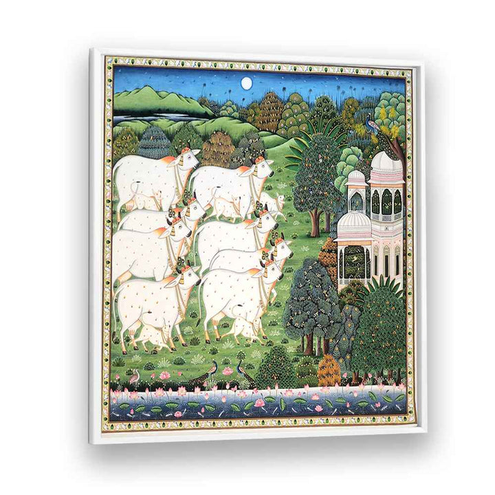 COW AND CALF PICHWAI, INDIAN ART PAINTINGS showcase serene rural life with hand-painted elegance and vibrant colors.