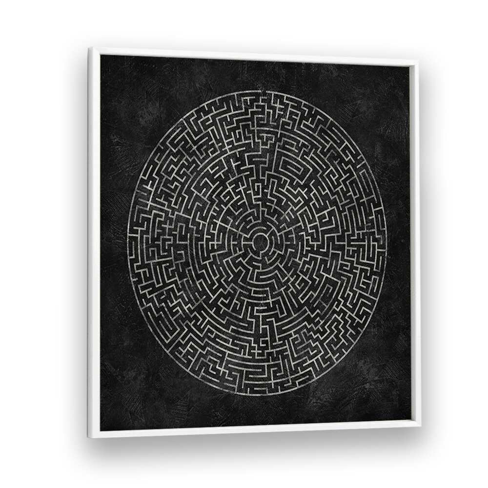 SAND DUNE SYMPHONY II, GEOMETRIC ART PRINTS showcasing a captivating maze design on a textured black background.